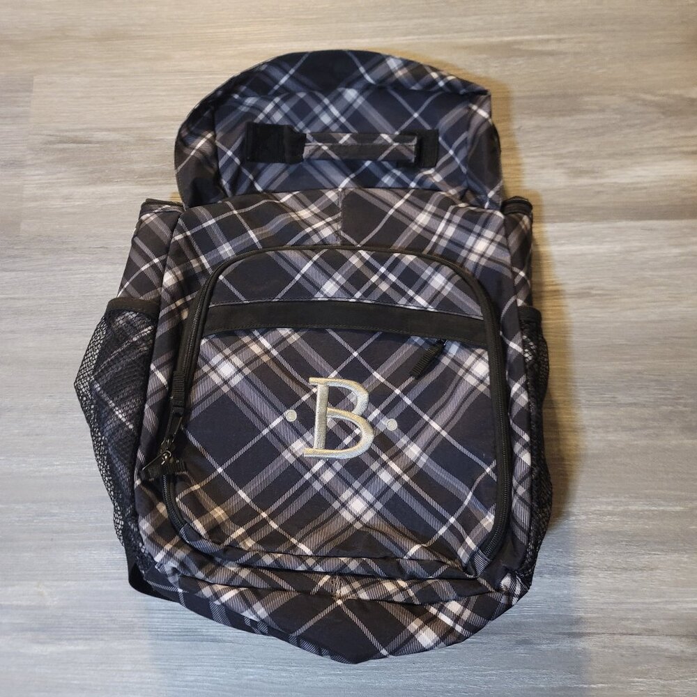 Black and grey Thirty-One Embroidered "B" Cross Body Sling Backpack